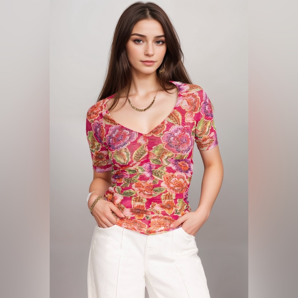 Johnny Was Floral Scoop Neck Tee in Pink, Orange, Green